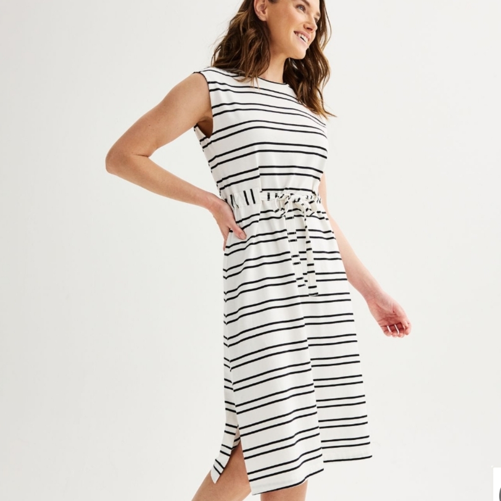 Summer Black and White Striped Midi Dress Tie Belt